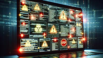 Spionprogramskod på en skärm med varningssymboler.

