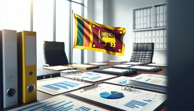 Bandera de Sri Lanka con gráficos económicos y documentos.