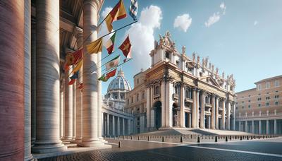 Basilica di San Pietro con diverse bandiere simboliche svolazzanti.