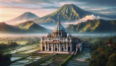 La Basilica di San Pietro con il paesaggio indonesiano sullo sfondo.