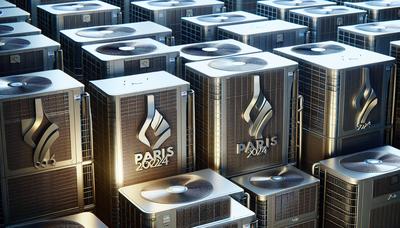 Des piles d'unités de climatisation avec le logo Paris 2024.