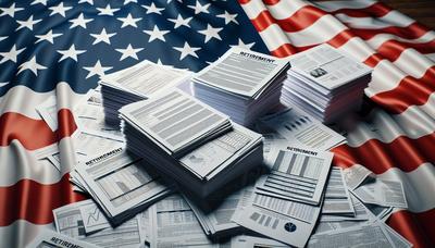 Stapel von Rentendokumenten mit US-Flagge im Hintergrund.