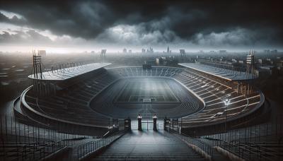 Extérieur du stade avec ciel sombre et tribunes vides.