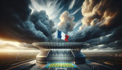 Stade sous un ciel nuageux avec drapeau français.