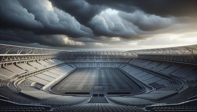 Stade avec des gradins vides sous un ciel orageux.