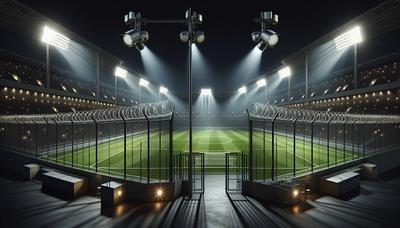 Stade avec des mesures de sécurité renforcées la nuit.