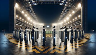 Stade avec des mesures de sécurité renforcées la nuit.