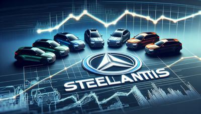 Stellantis-Logo mit abwärtsgerichtetem Umsatzdiagramm und Autos.