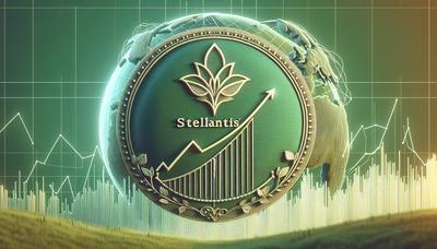 Stellantis-logo met opwaartse verkoopgrafiek en wereldbol.