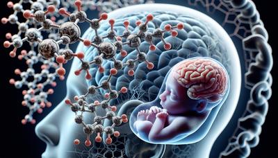 Estrutura molecular de esteroides com ilustração de cérebro fetal.