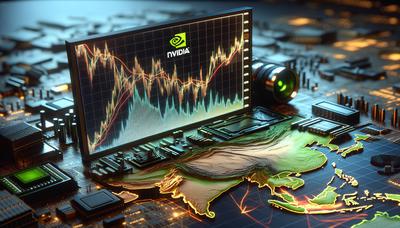 Gráficos de ações em queda com o logotipo da Nvidia e mapa da Ásia