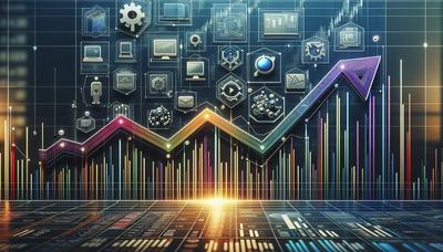 "Gráfico do mercado de ações subindo com logotipos de tecnologia"