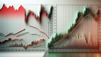 Gráfico del mercado de valores en declive con el gráfico de aumento de Bitcoin.