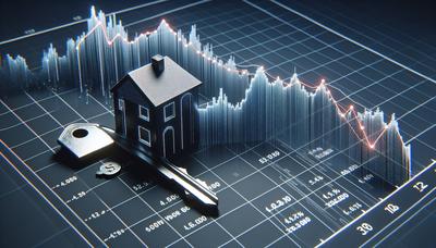 Gráfico del mercado de valores en declive con símbolos del mercado inmobiliario.