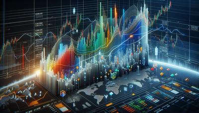 Gráfico de mercado de ações com tendência de alta e bandeiras.