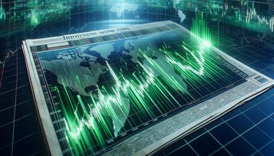 Gráfico del mercado de valores con tendencia alcista y titular de noticias.
