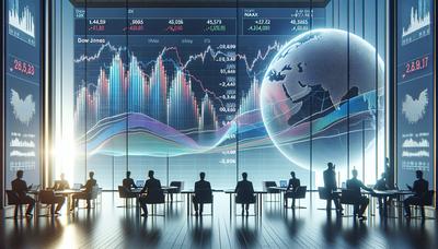 Gráficos del mercado de valores con el Dow en alza y el Nasdaq en caída.