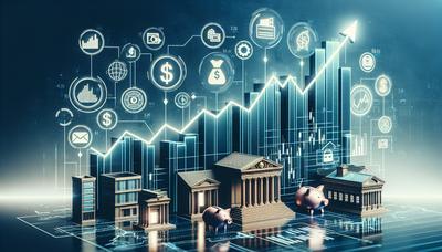 Gráficos del mercado de valores con tendencias alcistas e íconos de bancos