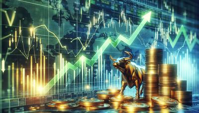 Indices boursiers avec flèches vertes vers le haut et graphiques.