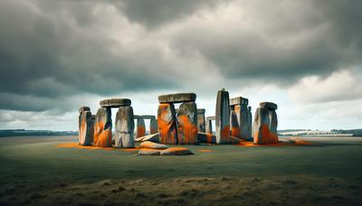 Stonehenge mit orangefarbenem Farbvandalismus auf den Steinen.