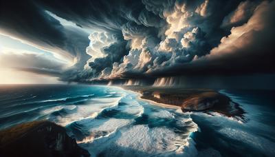 Nubes de tormenta sobre la costa de Cuba y mar agitado.