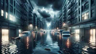 Nuages d'orage au-dessus d'une rue urbaine inondée.