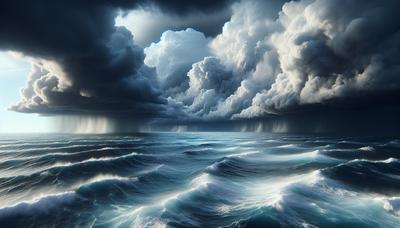 Nuvens de tempestade sobre o oceano com atmosfera carregada de umidade.