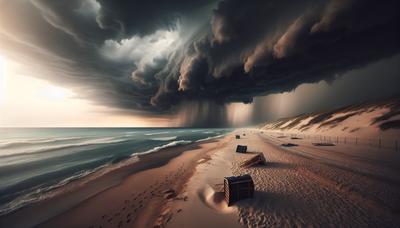 Spiaggia tempestosa con nuvole di tempesta e sedie vuote.