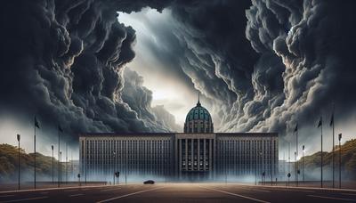 Stürmische Wolken über dem Bundestag, unheilvolle Atmosphäre.