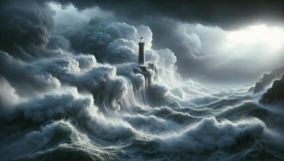 Stormachtige zeeën met vuurtoren en turbulente luchten.