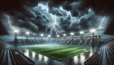 Cieli tempestosi sopra un campo da calcio vuoto nello stadio.