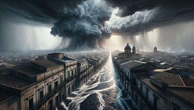 Cieli tempestosi su strade e edifici siciliani allagati.