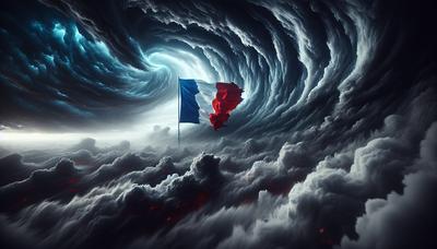 Ciel orageux sur le drapeau français avec des tensions croissantes