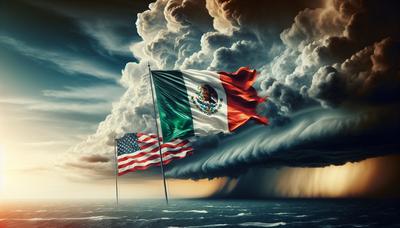 Onweerslucht boven Mexicaanse en Amerikaanse vlaggen.