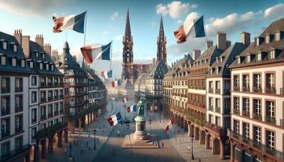 Paysage urbain de Strasbourg avec des drapeaux français et des statues commémoratives.