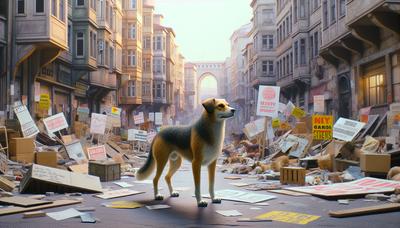 Chiens errants à Istanbul avec des pancartes de protestation à proximité.