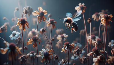 Abeille stressée entourée de fleurs fanées.