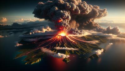 Vulcano Stromboli in eruzione con nube di cenere sull'isola.