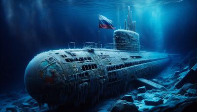 Naufrágio do submarino Kursk debaixo d'água com a bandeira russa.