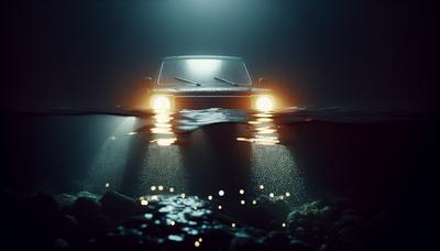 Fari di auto sommersa che luccicano sott'acqua in un fiume scuro