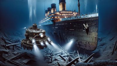 Sottomarino che esplora il relitto del Titanic sott'acqua con luci.