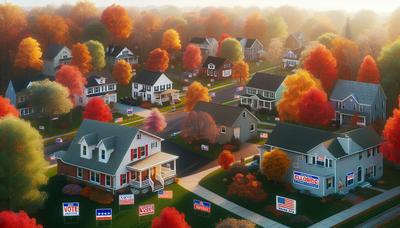 Quartiers suburbains avec des panneaux électoraux et des feuilles qui changent.