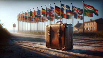 Valise à la frontière avec des drapeaux nationaux flous.