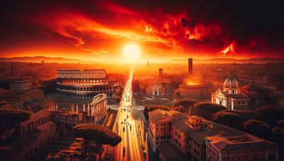 Tramonto su Roma con allerta ondata di calore.