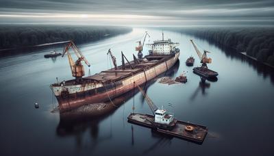 Gezonken vrachtschip wordt geborgen op de rivier.