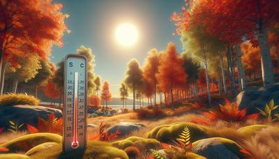 Zonnig herfstlandschap met thermometer die 17,1°C aangeeft.