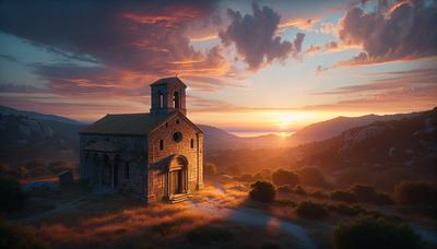 Lever de soleil sur une église corse historique.