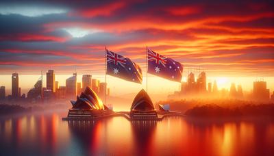 Zonsopgang over Australische en Samoaanse herkenningspunten met wapperende vlaggen