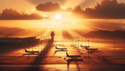 Lever du soleil sur l'aéroport de Nouvelle-Calédonie avec des avions prêts.