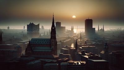 Sonnenuntergang über der Hamburger Skyline mit düsteren Tönen.